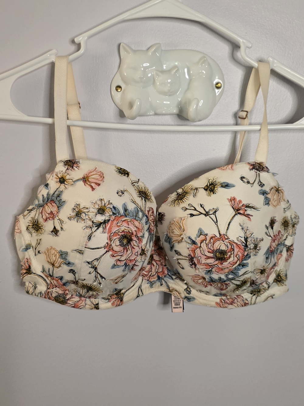 Victoria's Secret Cream Floral Lace-Trim Bustier Bra Sz 34DDD